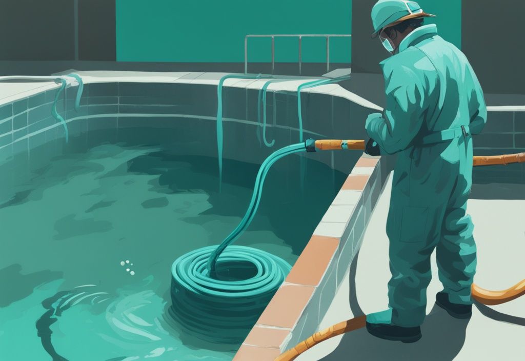 Moderne digitale Illustration, Person in Arbeitskleidung, die im Freien einen großen Schlauch in einen trüben Swimmingpool führt, Beginn des Entleerungsprozesses, Hauptfarbthema Teal.