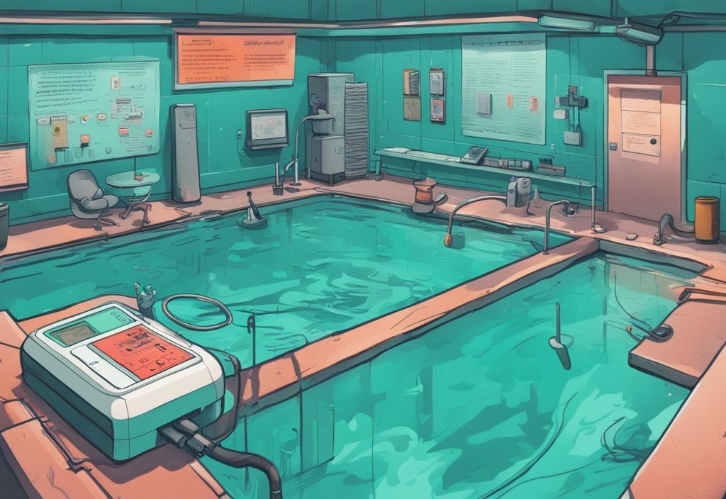 Moderne digitale Illustration eines pH-Meters in einem Pool mit Warnzeichen und Gefahrensymbolen, die hohe pH-Werte anzeigen, Hauptfarbe ist Türkis.