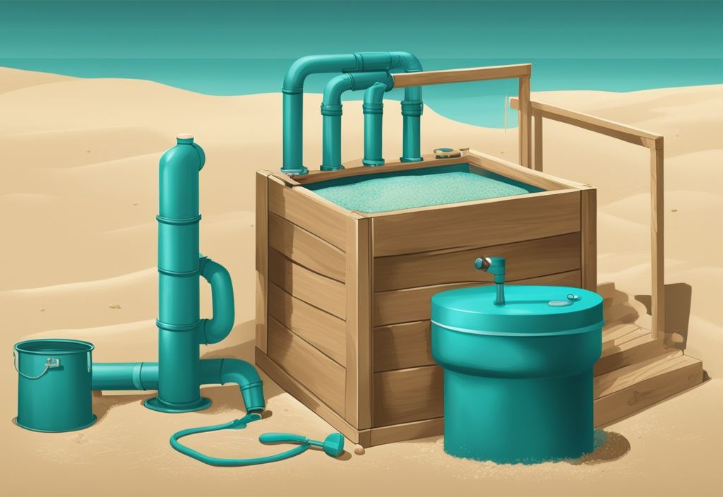 Moderne digitale Illustration eines DIY-Sandfiltersystems in einem stabilen Holzkasten, mit Werkzeugen und Materialien zur schrittweisen Montage, in der Hauptfarbe Teal.