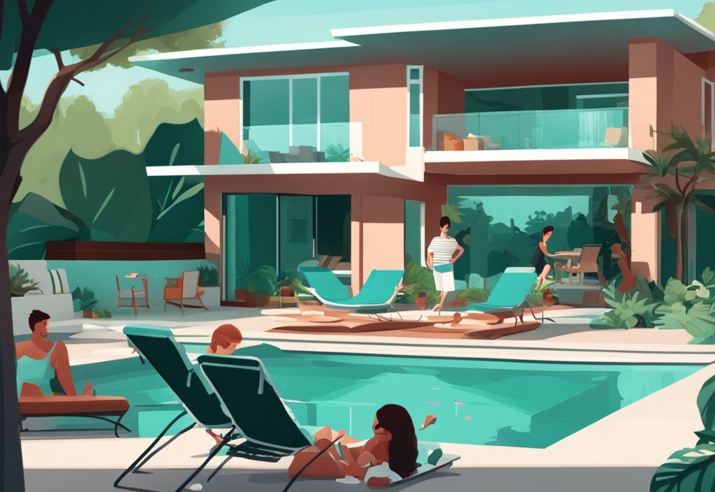 Moderne digitale Malerei mit einer lebhaften Familie, die einen Sommertag am halb eingelassenen Pool genießt, umgeben von üppigem Grün und modernen Gartenmöbeln, Hauptfarbe Teal.