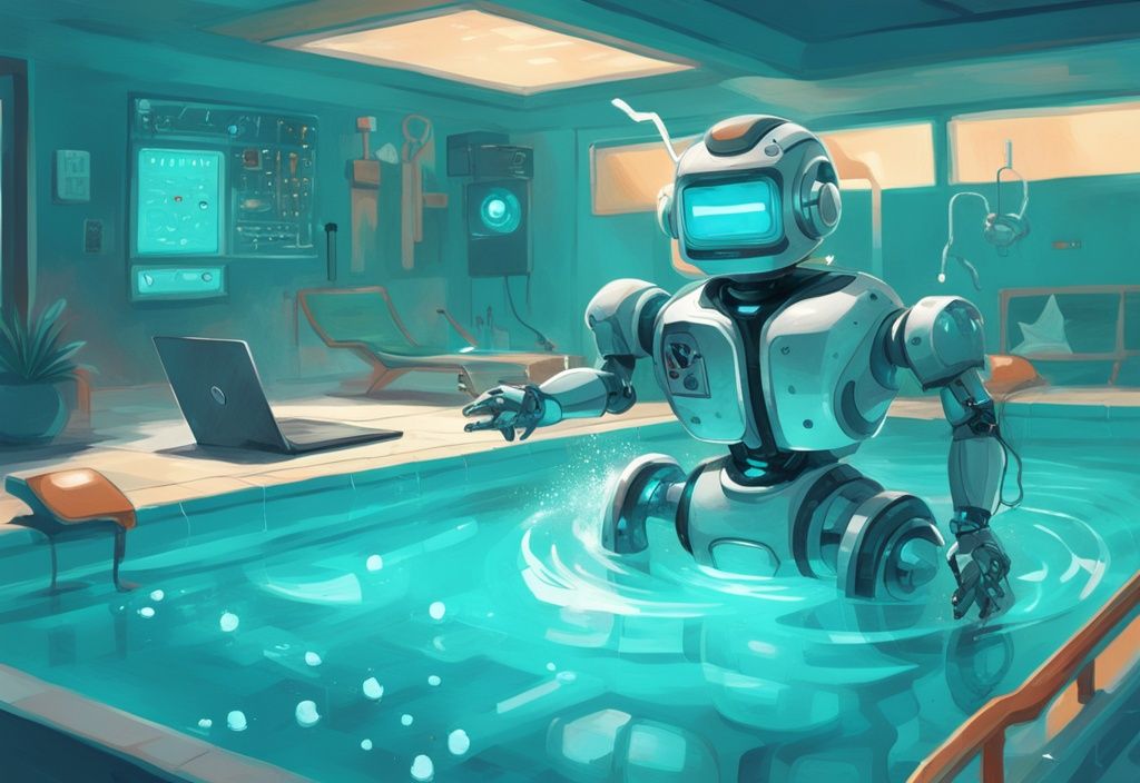 Wybot Pool Roboter im Einsatz in einem hellblauen Schwimmbecken, moderne digitale Illustration, Hauptfarbe Teal, zeigt High-Tech-Funktionen und Leistungsfähigkeit