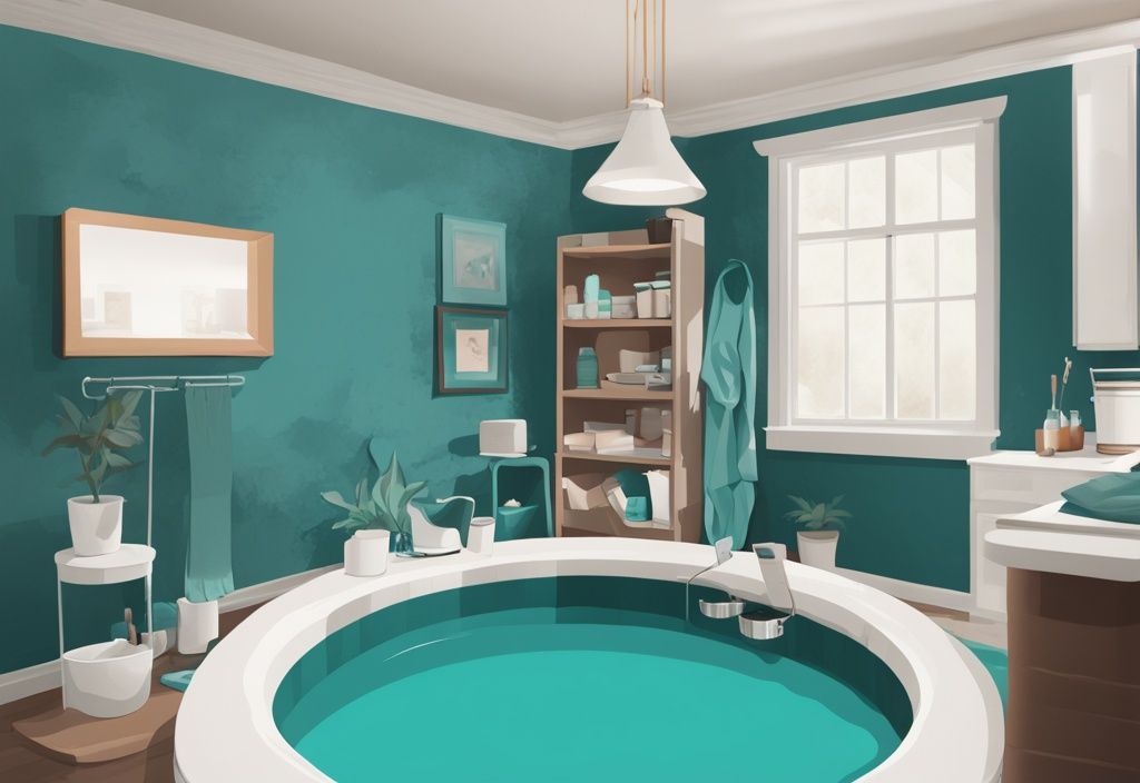 DIY-Whirlpool-Bauanleitung, Schritt-für-Schritt, moderne digitale Illustration, Hauptfarbe Teal, Heimwerker-Tools und Materialien