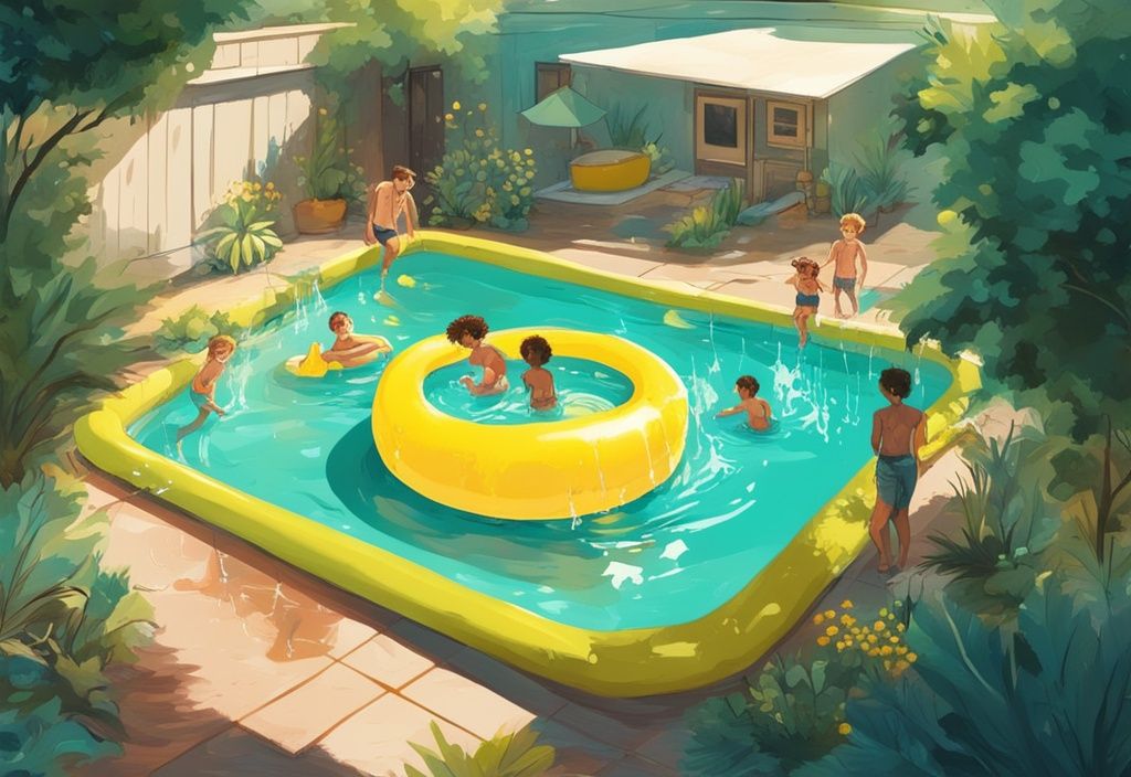 Moderne digitale Malerei mit gelbem aufblasbarem Pool, klarem Wasser, spielenden Kindern und grünem Garten in Teal-Farben