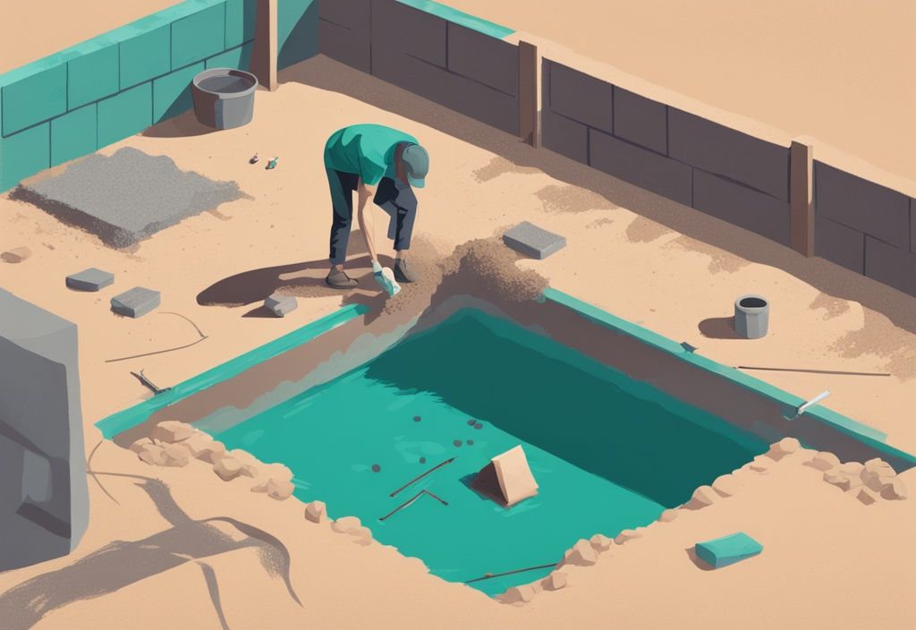 Moderne digitale Malerei einer Person in Freizeitkleidung, die das Fundament für einen Pool legt, umgeben von Baumaterialien wie Kies, Sand und Zementsäcken, in Hauptfarbton Türkis.