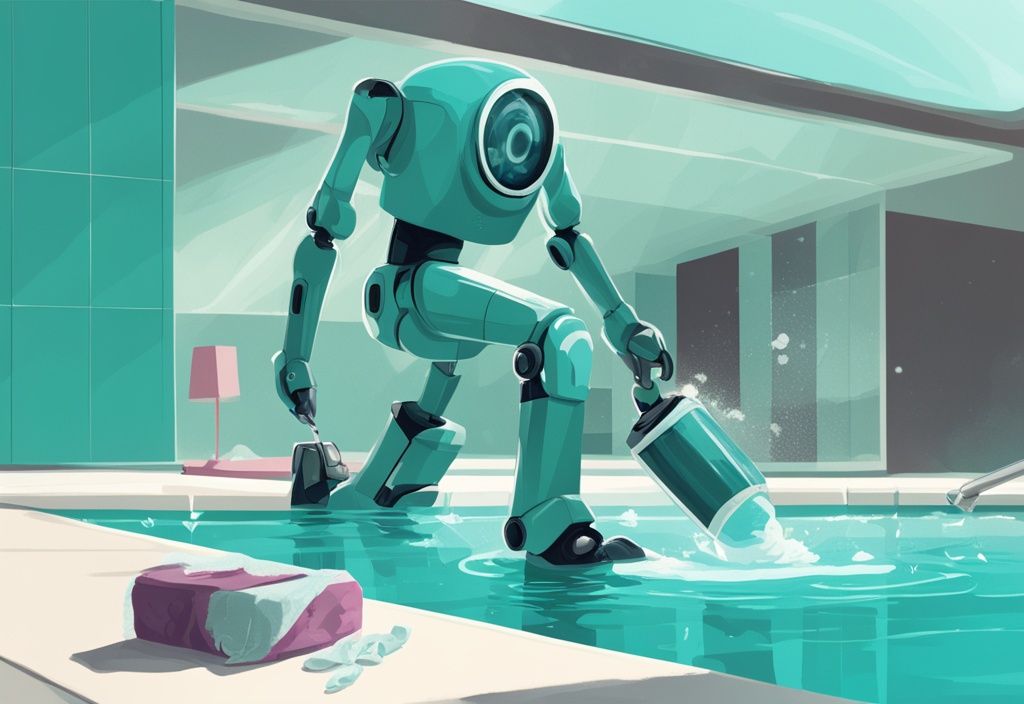 Moderne digitale Malerei eines Poolroboters, der einen kristallklaren Swimmingpool reinigt, mit einem Kalender im Hintergrund, der einen regelmäßigen Reinigungsplan zeigt.