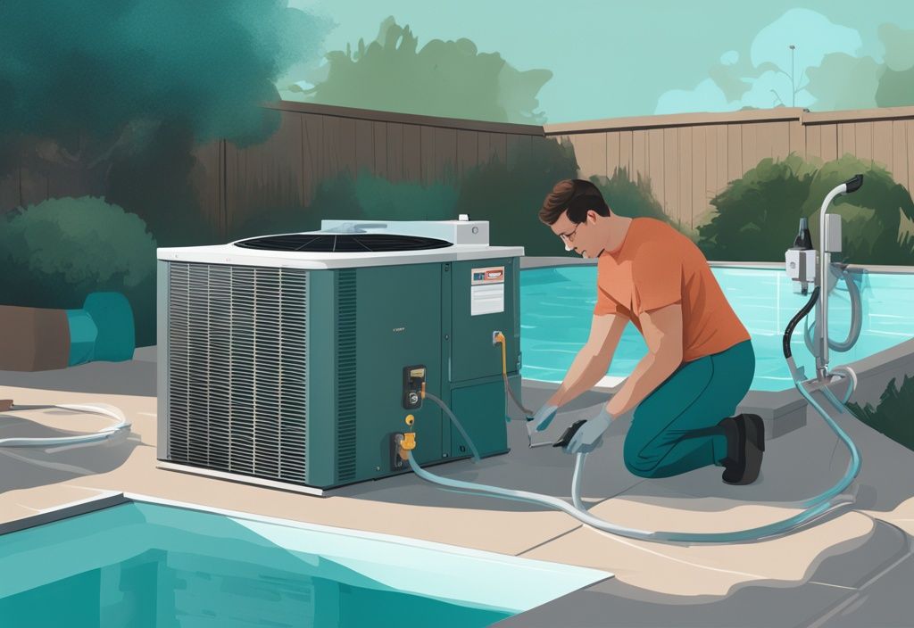 Professioneller Installateur installiert Wärmepumpe neben Pool, verbindet sie mit dem Wassersystem, moderne digitale Illustration in Türkis