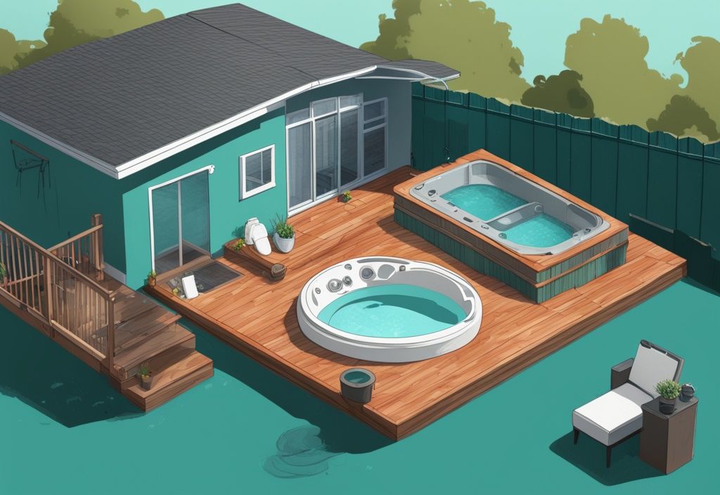 Moderne digitale Malerei-Illustration in Türkis, DIY-Jacuzzi-Komponenten im Garten verteilt, teilweise gebauter Jacuzzi mit Werkzeugen in der Nähe.