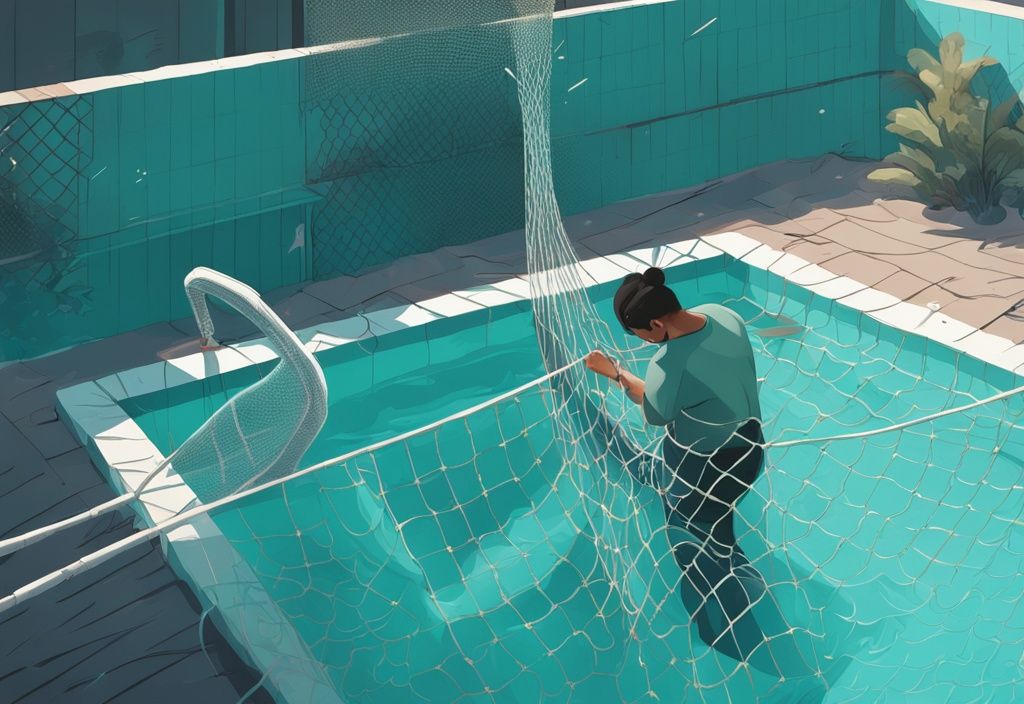 Moderne digitale Malerei eines Individuums, das mit spezieller Netzausrüstung schwimmende Ablagerungen und Oberflächenfilm aus einem Pool entfernt, ohne das Wasser abzulassen, in der Hauptfarbe Türkis.