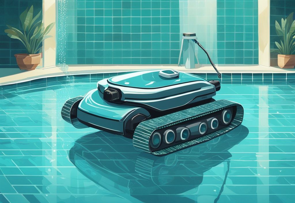 Moderner digitaler Kunstwerk, das den besten Poolroboter zeigt, der mühelos im funkelnden blauen Schwimmbecken entlang des gefliesten Poolbodens gleitet.