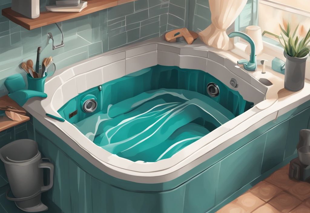 Moderne digitale Malerei-Illustration mit Schritt-für-Schritt-Anleitung zum Bau eines DIY-Whirlpools in einem Heimsetting, Hauptfarbthema ist Türkis, alle notwendigen Werkzeuge und Materialien sind ausgelegt.