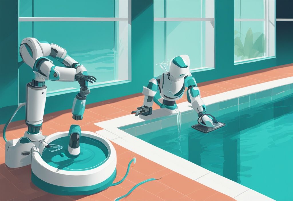 Moderner digitaler Gemäldeillustration mit einem erstklassigen Poolroboter, der einen lebhaften blauen Pool reinigt, und die Effektivität sowie die Ruhe eines gepflegten Schwimmbereichs zeigt.