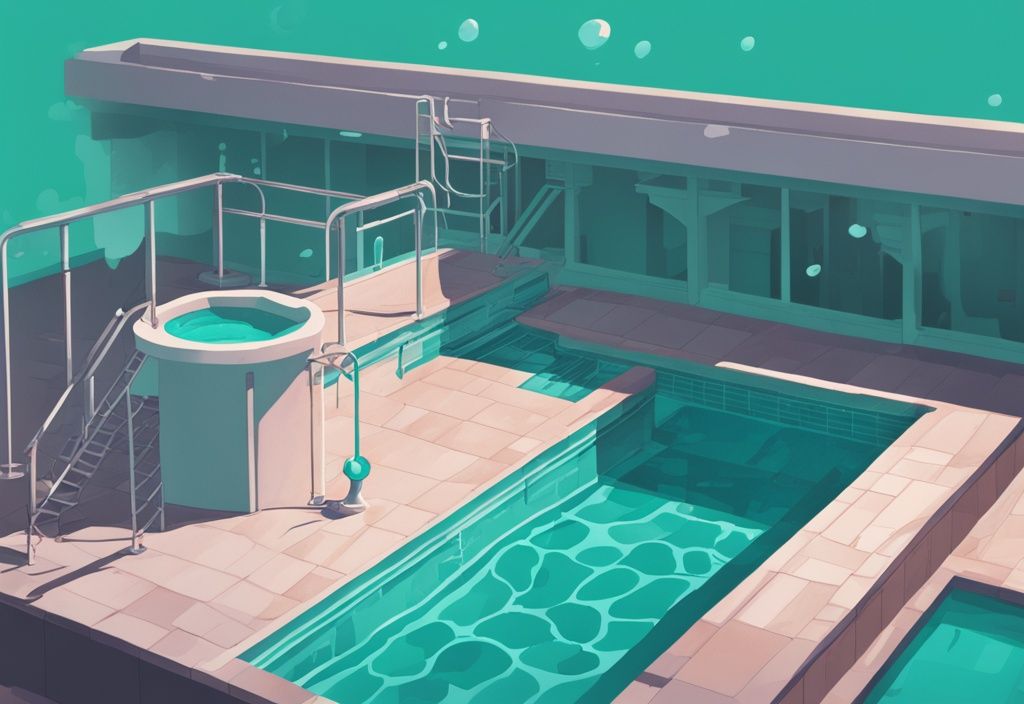 Moderner digitaler Malerei-Illustration eines Pools, der Wasser verliert, mit sichtbaren Wasserstandabfällen, freiliegenden Beckenrändern und Leiterstufen sowie einem liegenden Wasserschlauch.