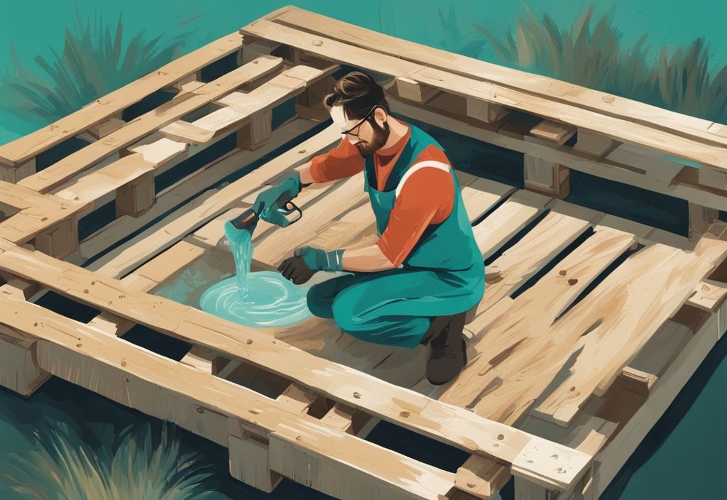 DIY-Enthusiast baut rustikale Whirlpool-Umrandung aus Holzpaletten im Garten, moderne digitale Illustration in Teal-Farbtönen