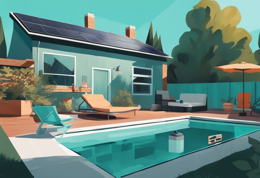 Moderne digitale Illustration eines sonnigen Gartens mit Pool und verschiedenen DIY-Heizmethoden wie Solarabdeckung, Solarpanelen und Kompostheizung, um den Pool ohne Strom zu erwärmen.