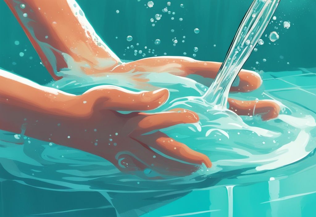 Moderne digitale Illustration eines Pools, der mit Spülmittel gereinigt wird, mit sichtbaren Blasen auf der Wasseroberfläche und einer Bürste in der Hand einer Person, die die Poolränder schrubbt. Hauptfarbthema: Türkis. Pool reinigen mit Spülmittel.