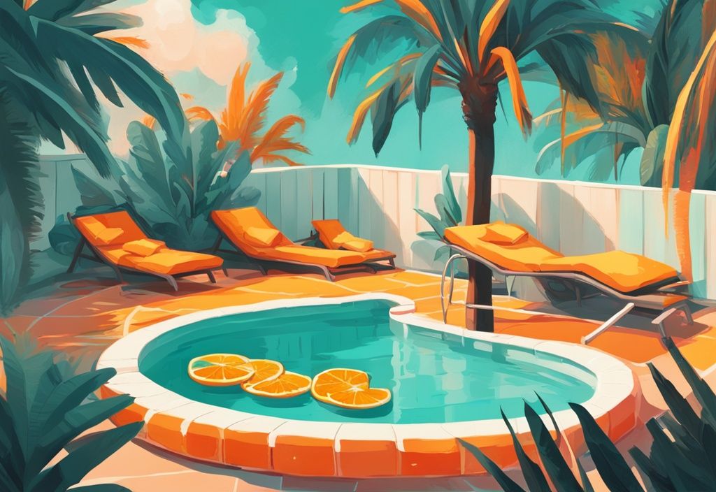 Moderne digitale Illustration in Teal: Belebender Pool aus leuchtenden Orangen- und Zitronenscheiben, symbolisiert Vitamin C, mit Sprungbrett und Liegestühlen in tropischer Umgebung.