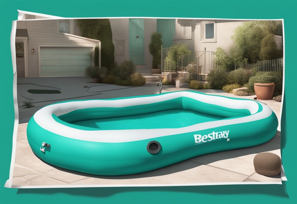 Bestway aufblasbarer Pool mit Loch am Boden, entdeckt durch Pool-Reparaturset, moderne digitale Illustration in Teal