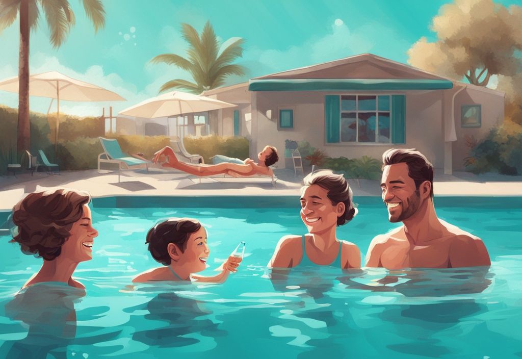 Moderne digitale Illustration einer lächelnden Familie in einem funkelnden, kristallklaren Schwimmbecken unter sonnigem Himmel, mit einer Flasche Wasserstoffperoxid sichtbar auf dem Tisch am Poolrand.