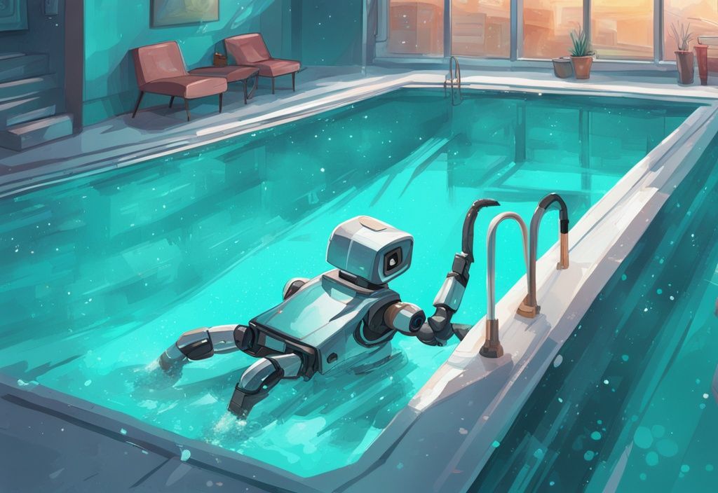 Moderne digitale Malerei, die einen hochmodernen Poolroboter zeigt, der einen funkelnd sauberen Pool reinigt; Hauptfarbthema ist Türkis.