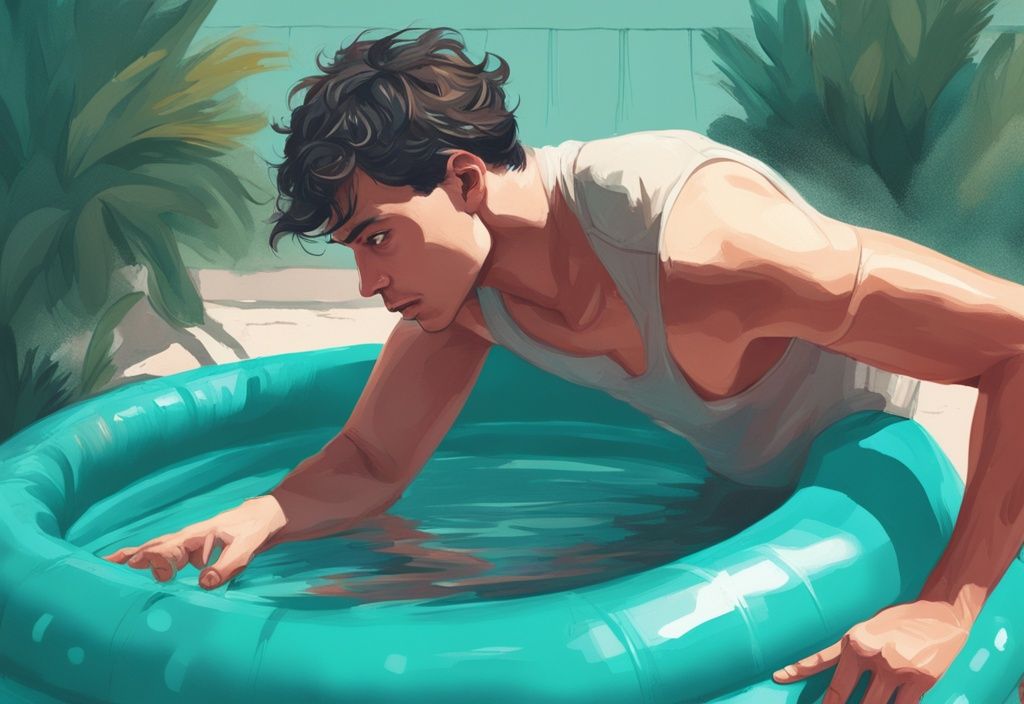 Erstaunter junger Mann untersucht ein Loch in einem aufblasbaren Pool mit offensichtlichem Leck, digitale Illustration in modernen Teal-Farben.