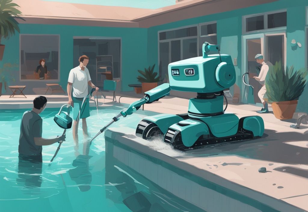 Moderne digitale Illustration eines Wybot Poolroboters, der effizient den Pool reinigt und dabei sichtbare Ablagerungen aufsaugt, während beeindruckte Hausbesitzer am Poolrand zuschauen; Wybot Poolroboter Erfahrungen.