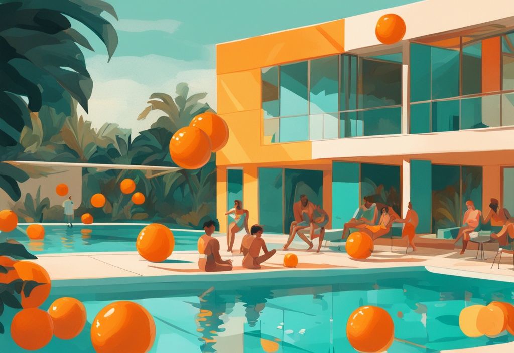 Moderner digitaler Gemäldeillustration eines Poolbereichs mit orangenen und gelben Kugeln, die Vitamin C symbolisieren, und Menschen, die die Poolatmosphäre genießen.