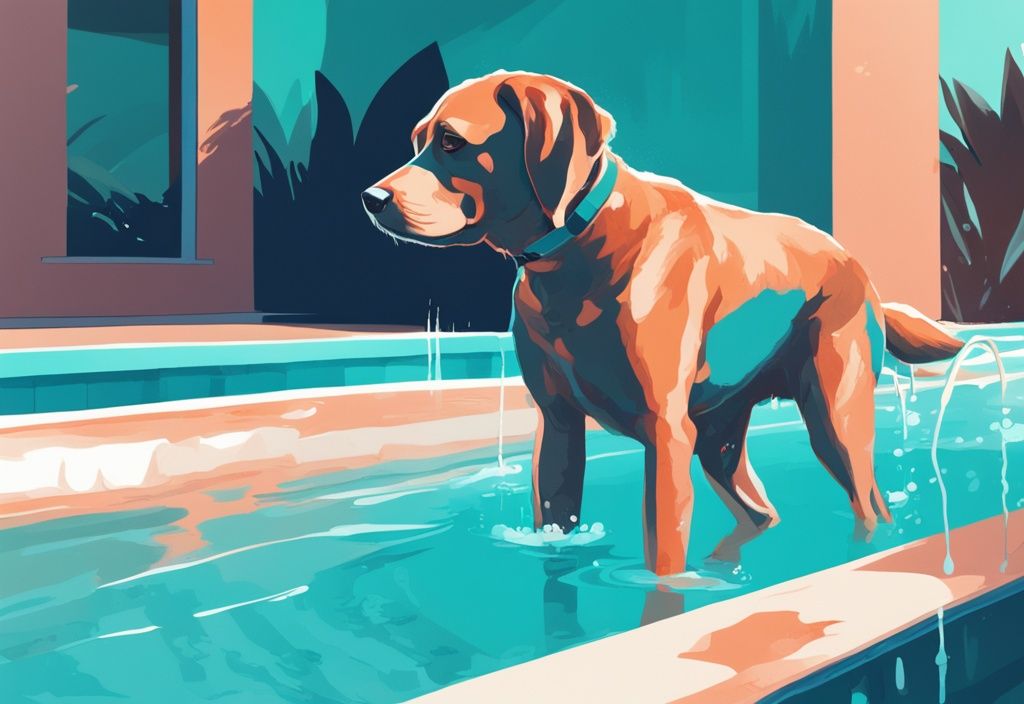 Moderner digitaler Gemälde-Illustration eines Hundes, der Wasser aus einem hellblauen chlorierten Swimmingpool trinkt, Hauptfarbthema ist Türkis.