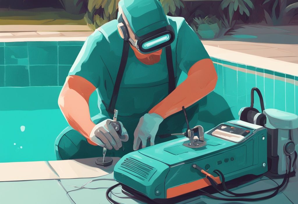 Techniker, der am Poolrand einen defekten Poolroboter repariert, wer repariert Poolroboter, moderne digitale Illustration in Teal.