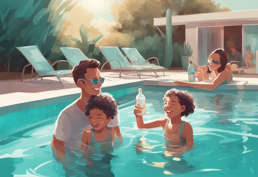 Moderne digitale Illustration einer lächelnden Familie, die unter einem sonnigen Himmel Zeit in einem funkelnden, kristallklaren Pool verbringt, mit einer Flasche Wasserstoffperoxid auf dem Tisch am Poolrand.