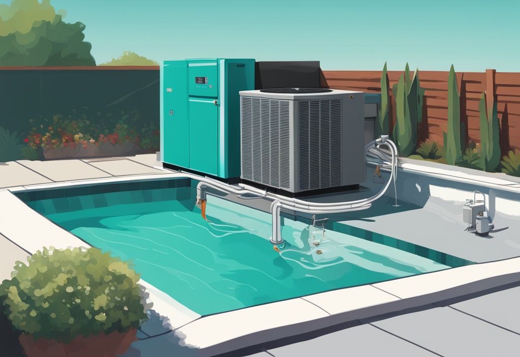 Installateur montiert Wärmepumpe neben Pool, verbindet sie mit dem Wassersystem, moderne digitale Malerei, Hauptfarbe Teal