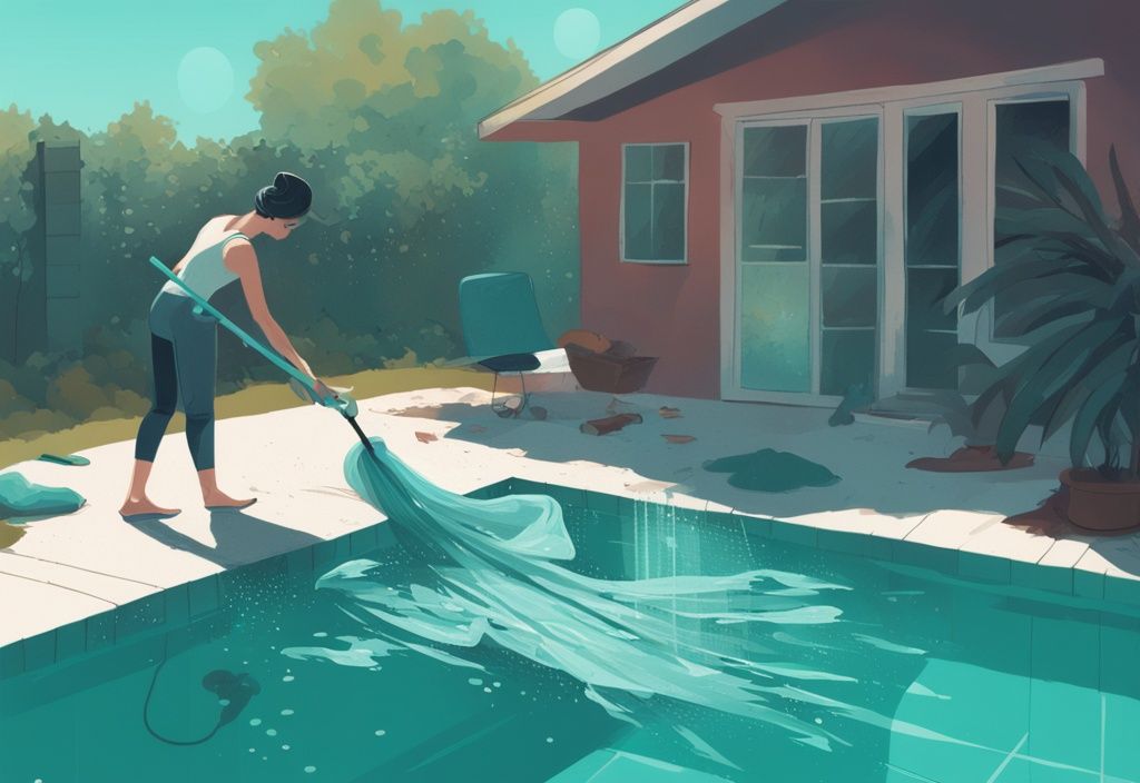 Moderne digitale Illustration in Türkis: Person reinigt mit einem Kescher und einem Poolstaubsauger den Pool, Poolfolie reinigen ohne Wasser ablassen.