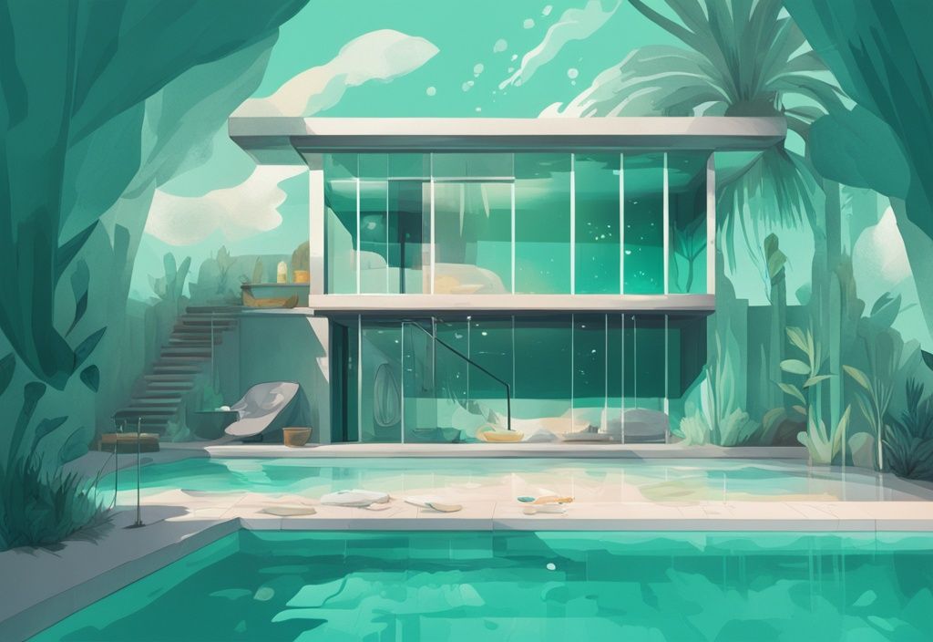 Moderne digitale Malerei mit Teal-Farbschema, zeigt einen Heim-Pool mit grünem und klarem Wasser, umgeben von Hausmittel-Zutaten.