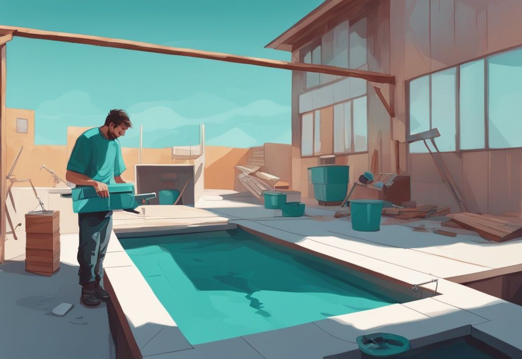 Moderne digitale Illustration in Türkis, eine Person baut ein Pool-Podest selber bauen mit verschiedenen Werkzeugen und Baumaterialien, im Hintergrund ein halb fertiges Podest am Heim-Pool.