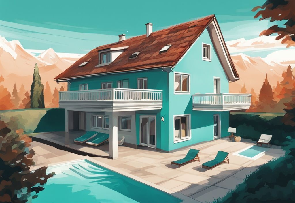 Moderne digitale Illustration eines bayerischen Hauses in Teal-Farbtönen, mit Draufsicht auf den Abstand zwischen dem Außenpool des Grundstücks und dem Nachbarhaus.