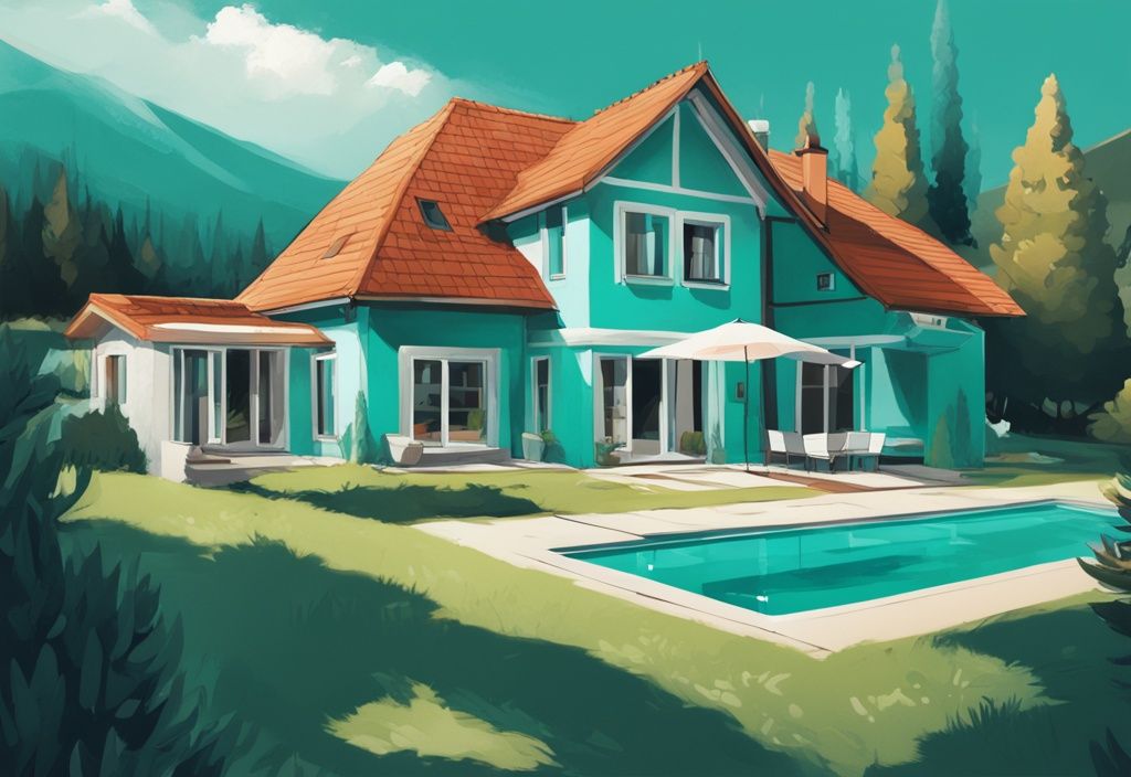 Moderne digitale Illustration eines bayerischen Hauses in Teal-Farben mit Vogelperspektive, die den Abstand zwischen dem Außenpool und dem Nachbarhaus zeigt.