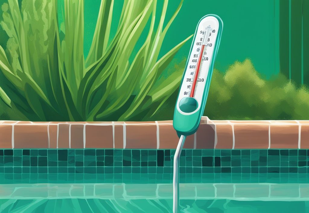 Nahaufnahme eines modernen digitalen Gemäldes mit einem Poolthermometer, das eine hohe Temperatur anzeigt, vor einem Hintergrund mit blühenden grünen Algen im Poolwasser, Hauptfarbthema ist Türkis.