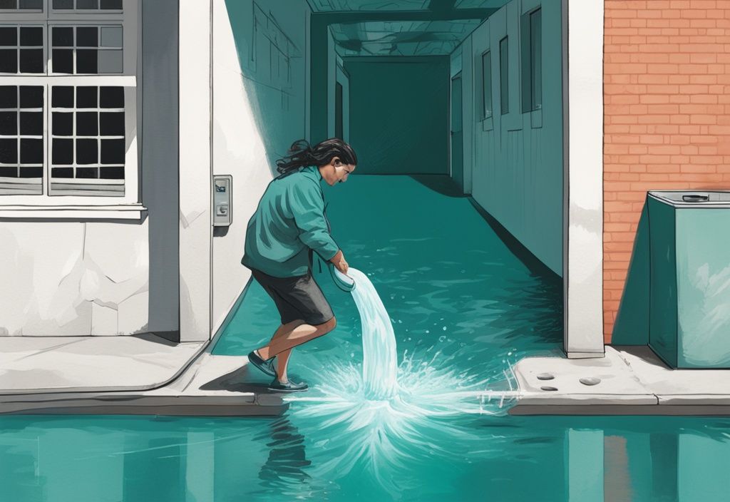 Moderne digitale Illustration in Türkis: Person lässt klares Poolwasser in einen Straßengully ab.